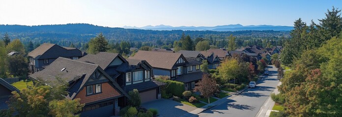 Aerial photograph of a suburban area with homes, roads, and greenery