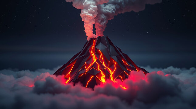 Moody, dreamy origami volcano eruption at night. Soft light, low contrast.  Infographic style, folded paper look.  Bright red lava flows down the mountainside. Thick smoke and starry sky, molten rock 