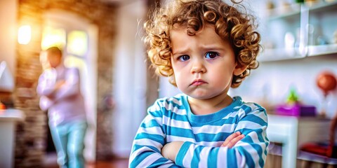 Fototapeta premium Tilt-Shift Photo: Upset Curly-Haired Child, Blurred Indoor Background
