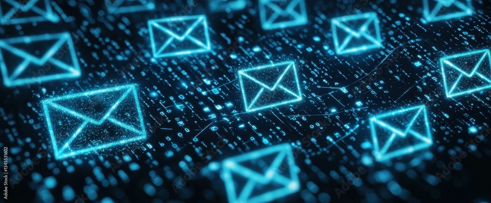 Aufkleber abstract digital visualization of glowing blue email icons on dark circuit board background for ed e