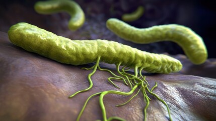 Realistic 3D rendering of Helicobacter pylori bacteria colonizing the stomach lining, highlighting its role in ulcer formation.