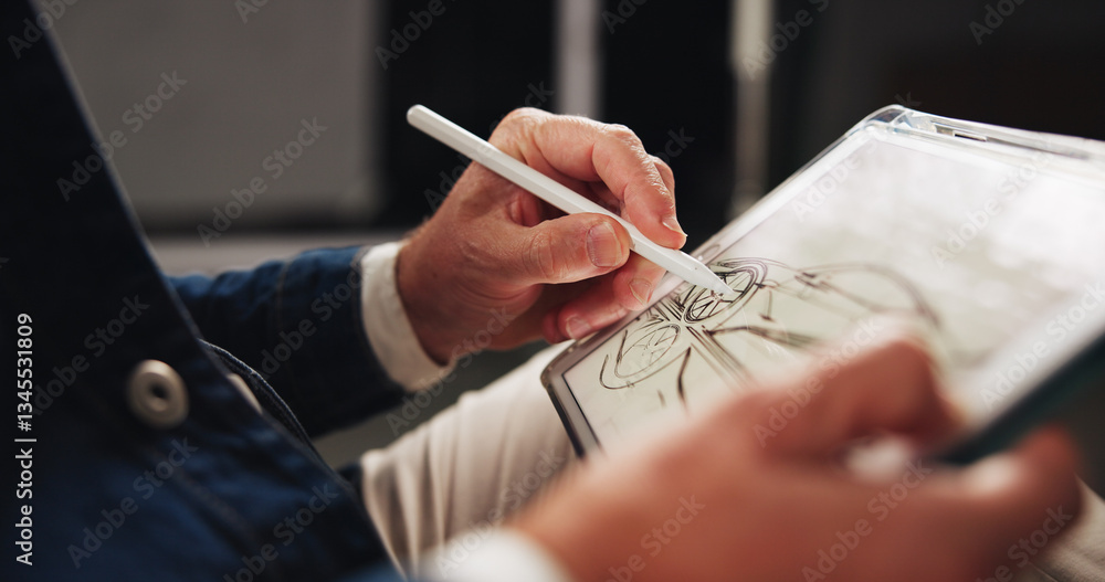 Poster person, hands and designer with tablet screen or drawing for car prototype or modeling at office. cl