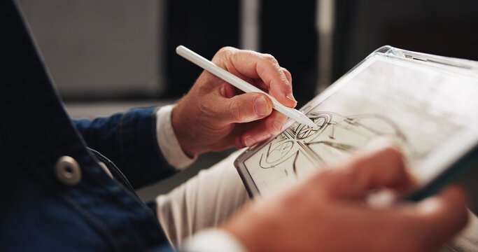 Person, hands and designer with tablet screen or drawing for car prototype or modeling at office. Closeup, mechnical engineer or digital sketch with technology for 2D vehicle, blueprint or project