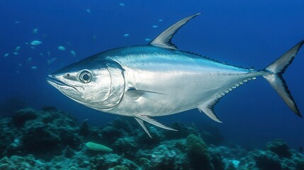 Fototapeta premium Close-Up of a Majestic Silver Fish Swimming in Deep Blue Ocean