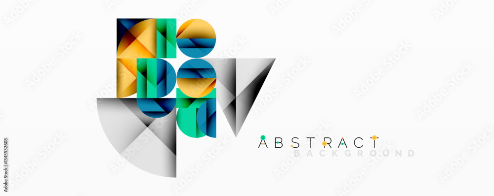 Poster Abstract geometric artwork with overlapping circles and gradients, circle square triangle shapes background featuring sharp angular cuts, smooth shading, and structured layered composition