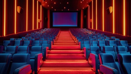 Fototapeta premium Neon Dreamscape Cinema: A Modern Movie Theater