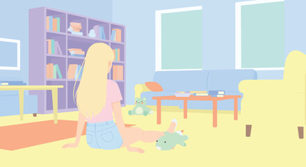 Girl sitting on floor in cozy room flat vector illustration