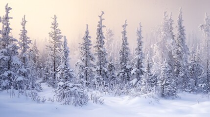 Snow covered boreal forest home to wolverines lynxes boreal owls moose and great grey shrikes frost covered trees and thick snowfall