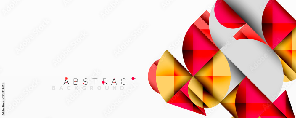 Poster Abstract geometric design with intersecting circles, triangles, squares and sharp angles creating a layered composition with gradients, depth, and contrast