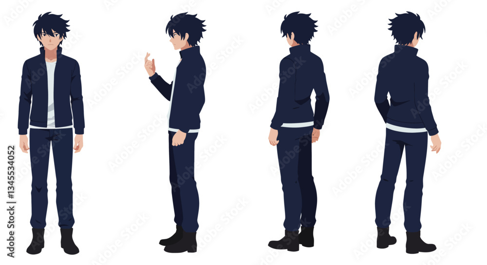 Aufkleber character design showcase in flat style featuring multiple angles of a young man in vector art