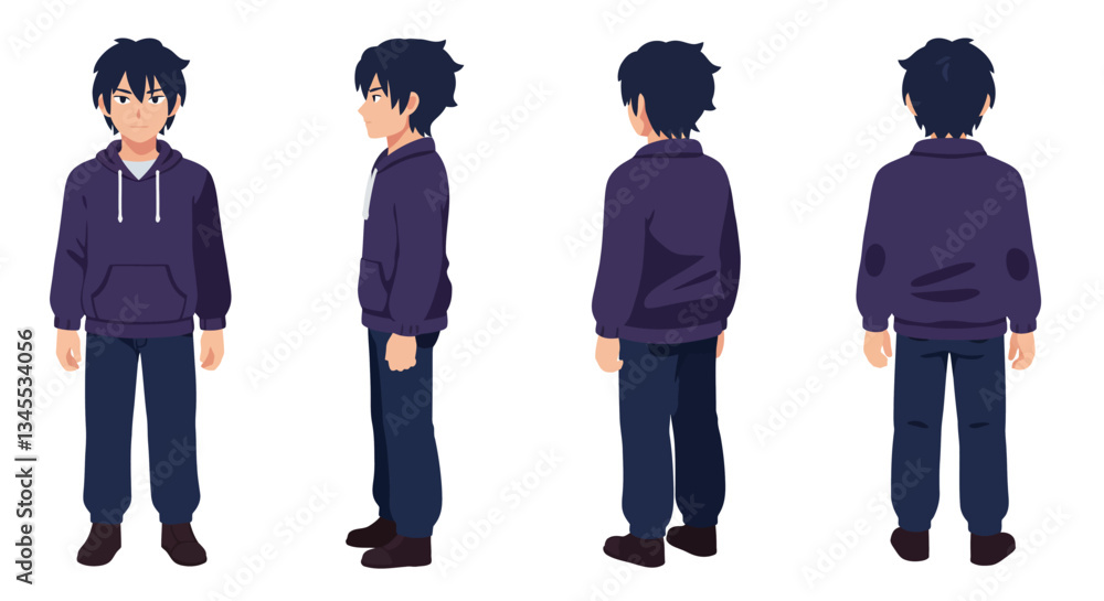 Poster Character design showing multiple angles in flat style vector art