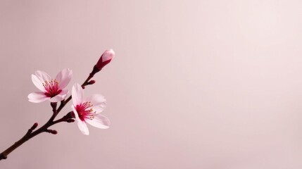 Obraz premium Delicate Pink Blossoms on a Branch Against a Soft Background, Symbolizing Spring's Gentle Arrival and the Promise of New Beginnings