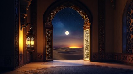 Desert moonlit archway, palace interior, night scene, travel poster