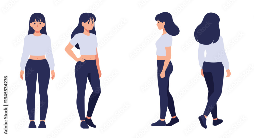 Aufkleber female character design in flat style showcasing multiple angles in vector art