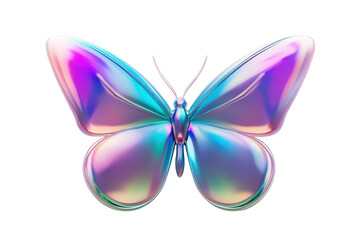 Fototapeta premium Iridescent butterfly with chrome outline and black background in a studio shot style render