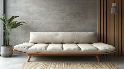 Modern minimalist living room featuring a light beige sofa, wooden accents, and a concrete wall.  A touch of greenery adds a natural element