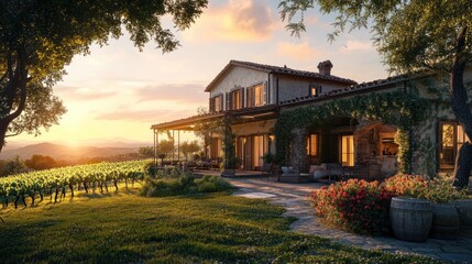 Tranquil sunset casts golden glow over charming Tuscan vineyard estate