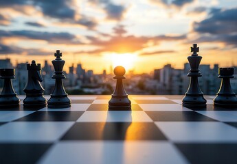 Chess pieces silhouetted against a vibrant sunset