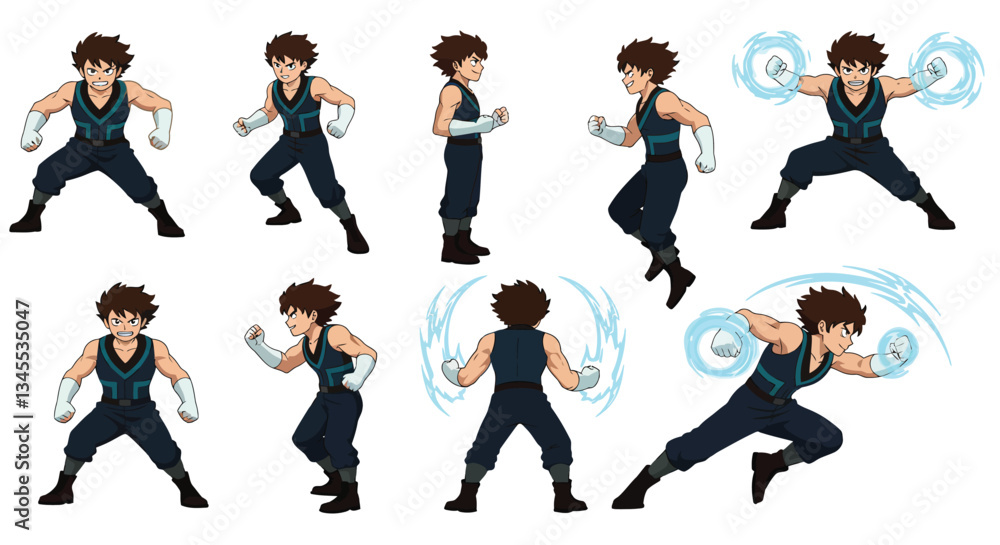 Poster character action sequence in dynamic poses with detailed vector illustration style showcasing moveme