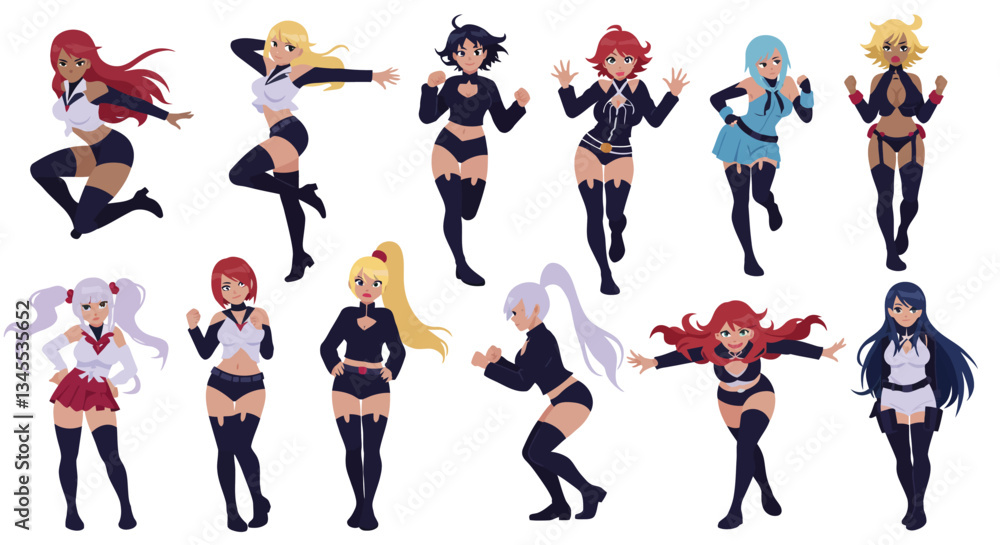 Aufkleber dynamic poses of diverse characters in flat style vector art