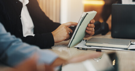 Coworking, hands and scroll on tablet for office communication, online report and planning. Entrepreneur, people and meeting in workplace for business, startup proposal and web research discussion