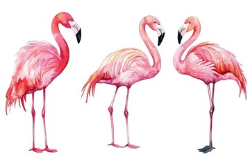 Fototapeta premium Set of watercolor vibrant flamingos hand drawn on a white background