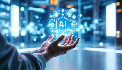 Fototapeta premium A person is holding a glowing AI symbol with hands