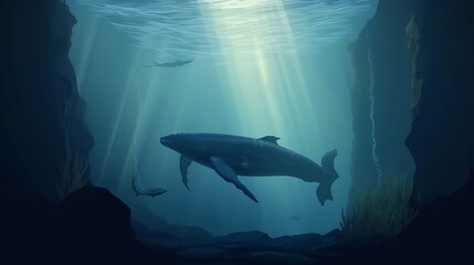Majestic Humpback Whale in Underwater Cave - Serene Ocean Scene