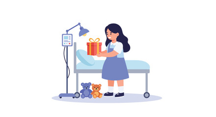 Young girl giving gifts to a patient in a hospital room flat vector illustration