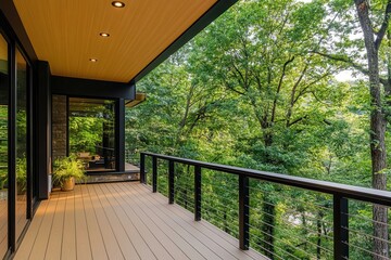 Tranquil modern balcony overlooking lush green forest scenery.