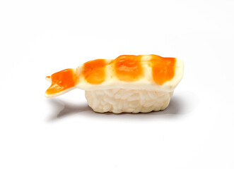 Toy shrimp sushi on white background