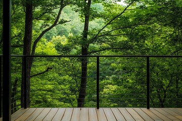Serene forest view from a modern wooden balcony.