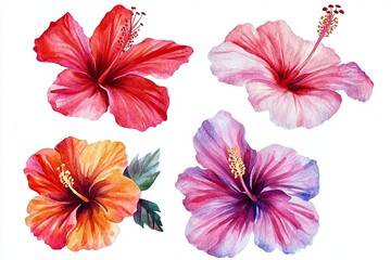 set of watercolor vibrant hibiscus flowers hand drawn on a white background