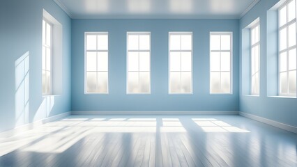 Fototapeta premium Bright sunlight streams through multiple windows into a serene, empty room light blue walls white wood flooring.