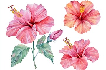 set of watercolor vibrant hibiscus flowers hand drawn on a white background