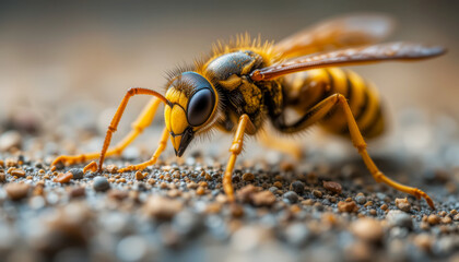 Naklejka premium Close-up of a wasp with brown and yellow stripes on a textured ground