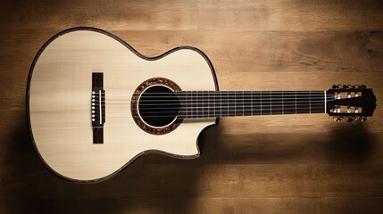 Spanish acoustic guitar centered on wooden floor, evoking timeless musical elegance.