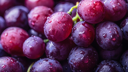 Vibrant Grapes: A close-up shot showcasing the texture and color of fresh, juicy grapes, glistening with water droplets, evoking the essence of a fruitful harvest.