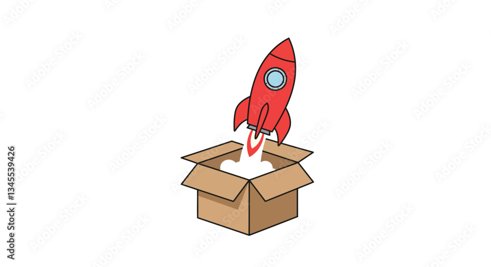 Poster red rocket launching from an open cardboard box in flat vector art