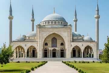 Fototapeta premium A grand mosque with minarets and domes standing prominently under a clear blue sky in daylight view