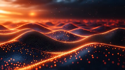 Glowing Data Waves Sunset Landscape, Digital Art