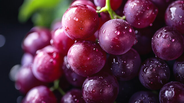 Vivid Red Grapes: A close-up shot of a cluster of fresh, juicy red grapes, glistening with water droplets against a dark background, embodying health and refreshment.