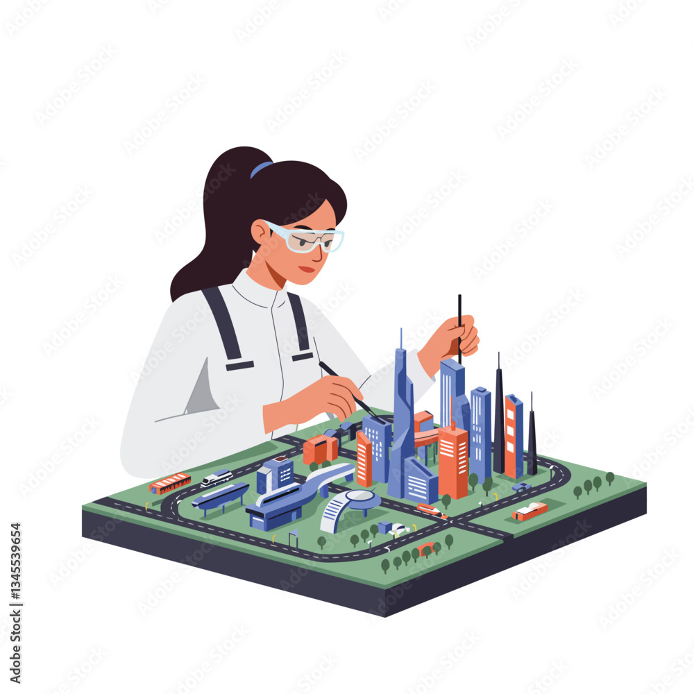 Poster engineer working on city model in flat and colorful vector art