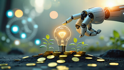 a robotic hand gently points to a glowing light bulb and a pile of coins. Around the light bulb, small green plants grow from a pile of yellow coins, symbolizing continued growth and technological inn