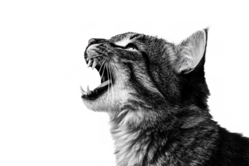 Angry tabby cat hissing in black and white with mouth open showing teeth and whiskers detail close up