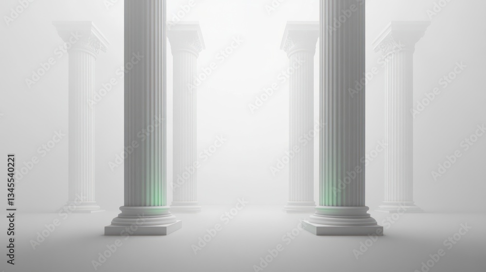 Poster empty classical columns in a foggy hallway
