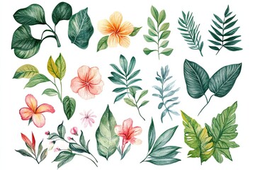 Set of watercolor vintage botanical garden illustrations hand drawn on white background