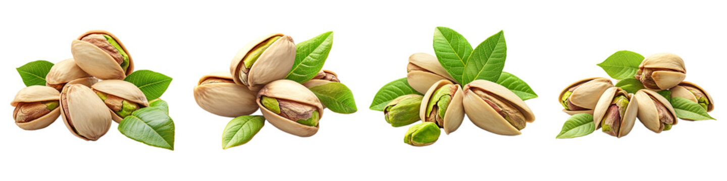 Closeup view of four bunches of pistachios with green leaves isolated Transparent Background