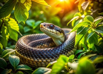 Fototapeta premium Giant Snake Hidden in Lush Tropical Bushes - Dangerously Camouflaged Reptile