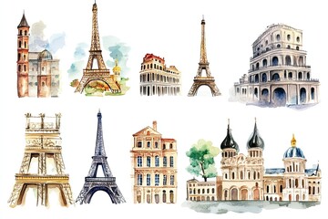 Obraz premium Set of watercolor vintage European cityscapes hand drawn on white background